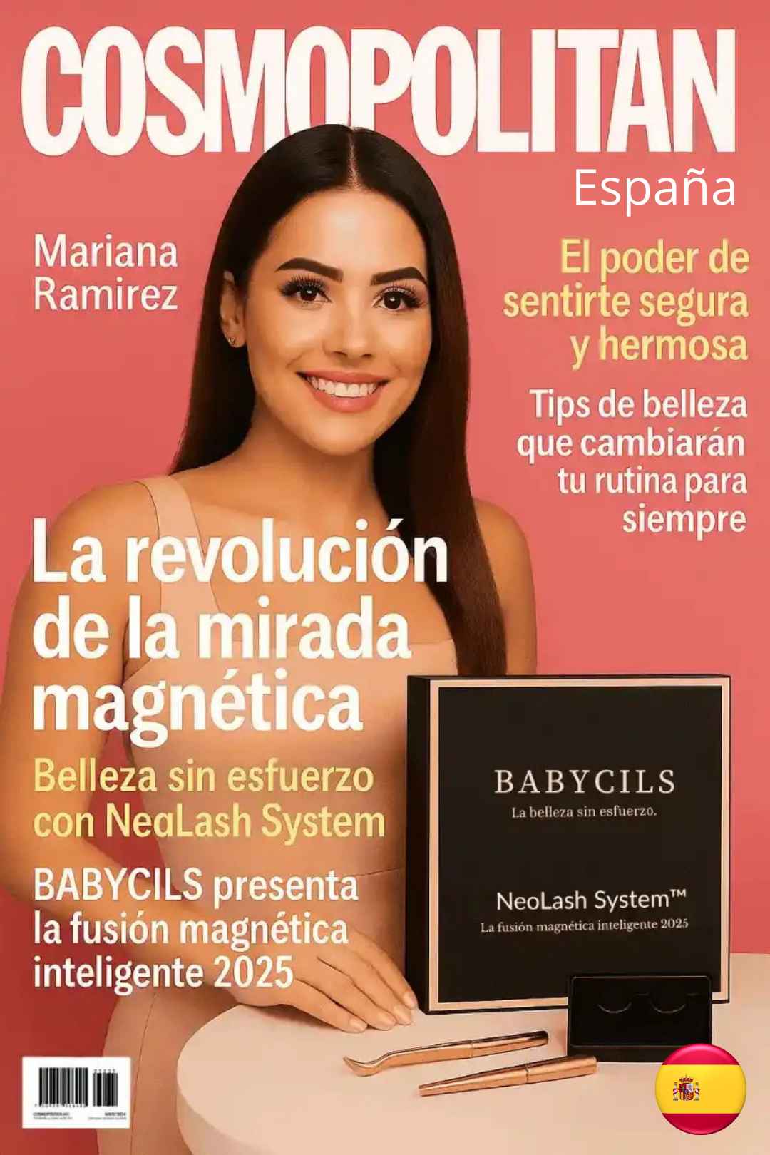 Cofre de pestañas magnéticas BabyCils presentado en la primera página de la revista Cosmopolitan. Una solución innovadora para unos pestañas perfectas, naturales y sin esfuerzo, recomendada por los expertos en belleza.