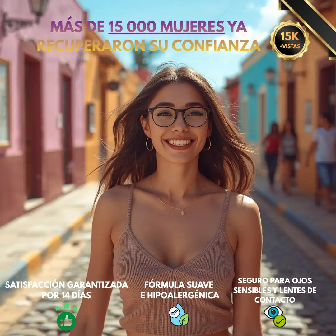 Mujer joven sonriendo después de usar el sérum de pestañas Babycils, más de 15 000 mujeres ya recuperaron su confianza